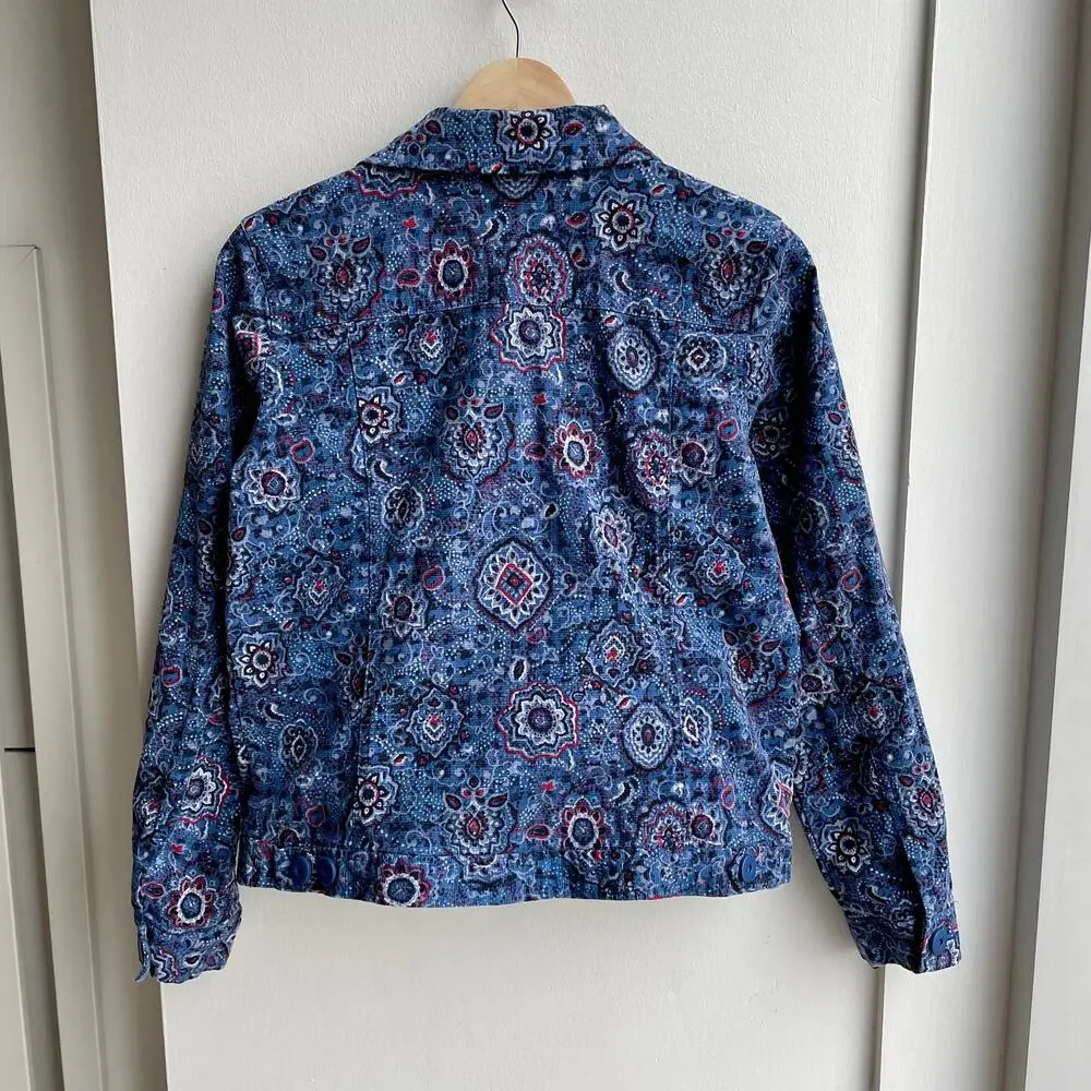 Charter Club Floral Mandala Print Cotton Jacket Blue Red Womens S Western Boho